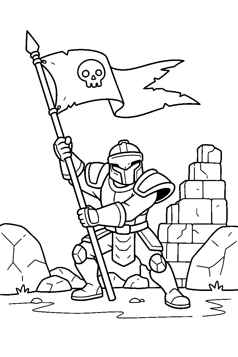 fortnite warrior raising a flag in a simple battlefield line art