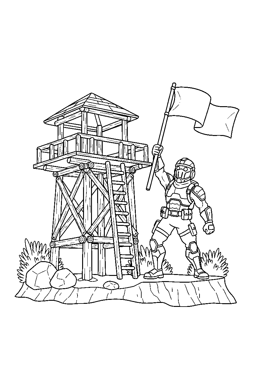 fortnite warrior raising a flag near a wooden lookout line art