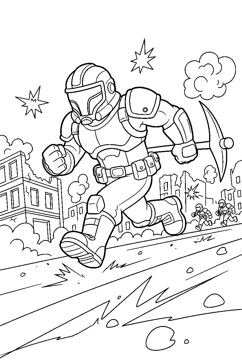 fortnite warrior running in a cartoon battle scene line art