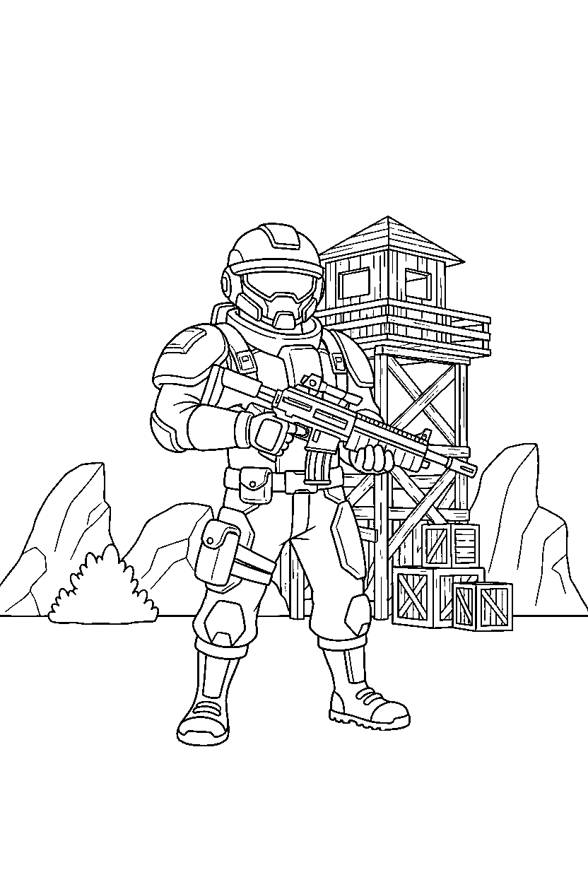 fortnite warrior standing ready near a simple outpost line art