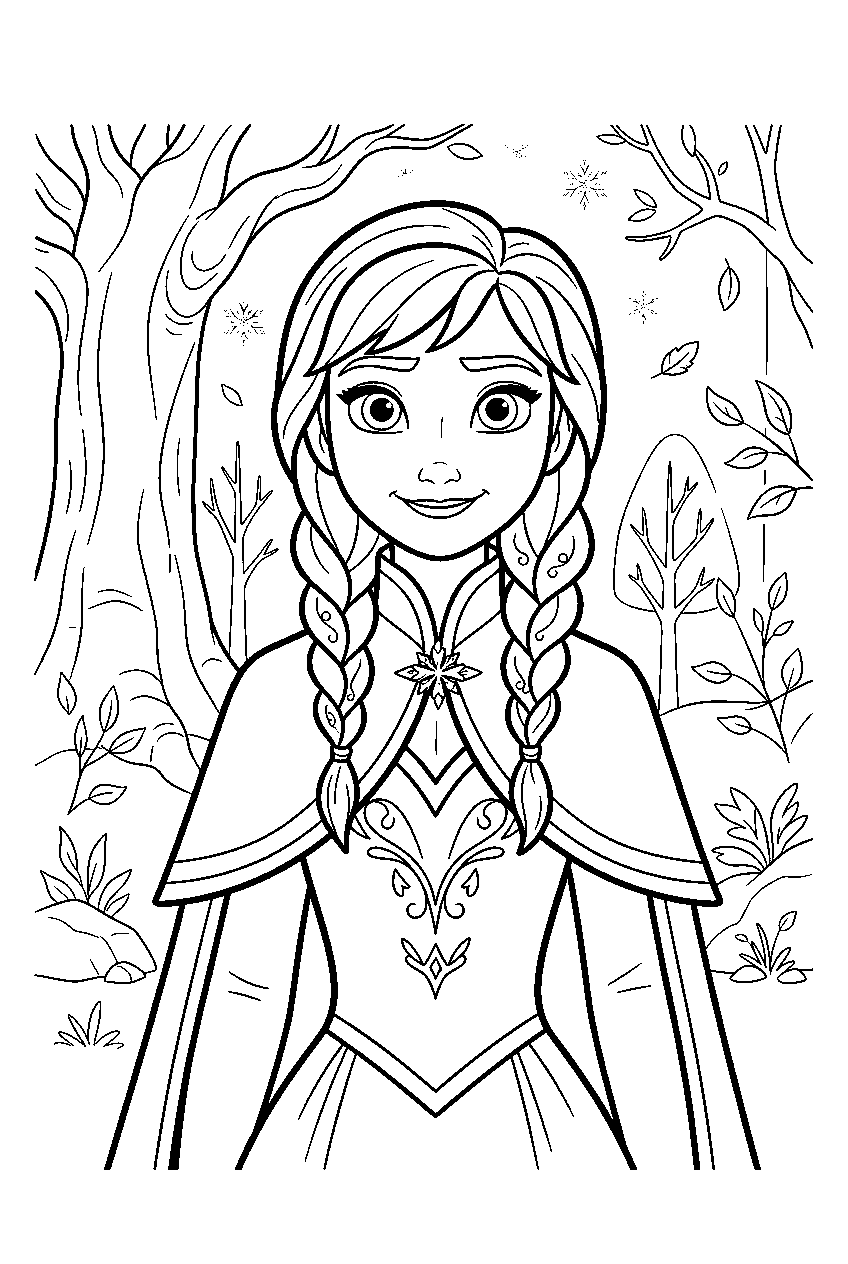 frozen anna in magical forest line art