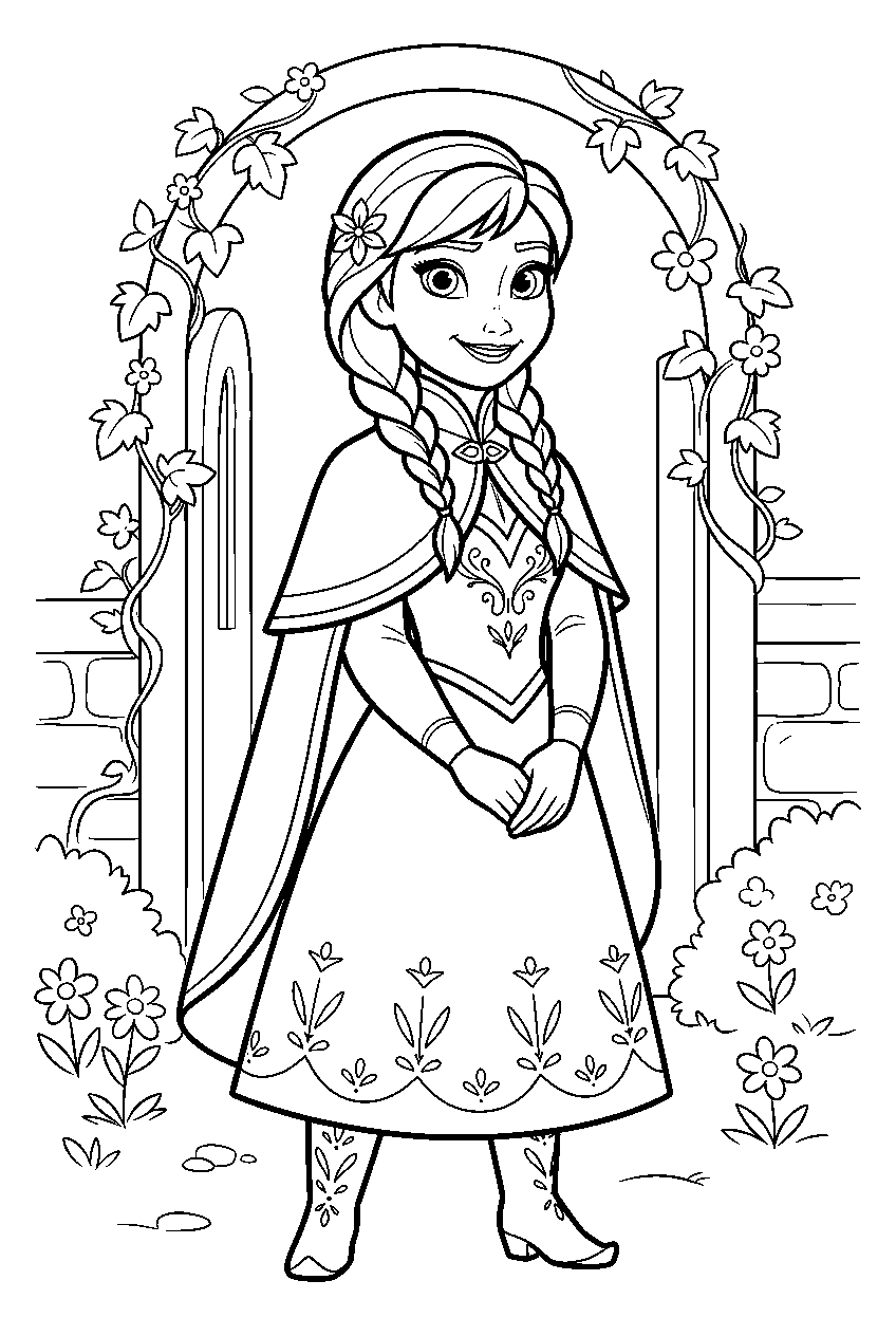 frozen anna in palace garden line art