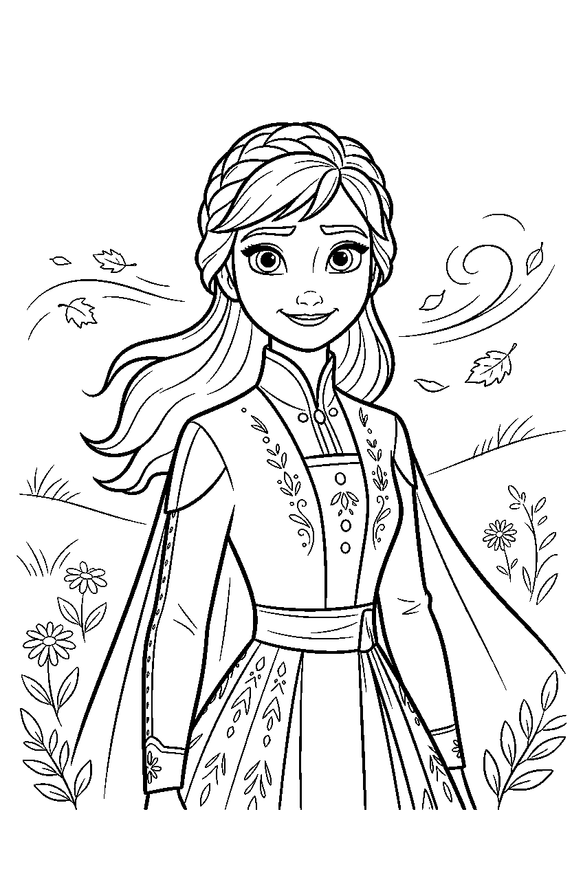 frozen anna in wind spirit meadow line art