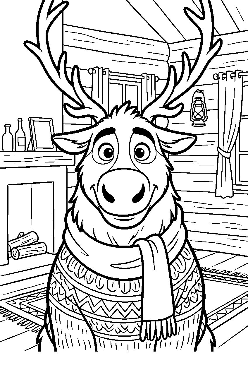 frozen sven in cozy cabin line art