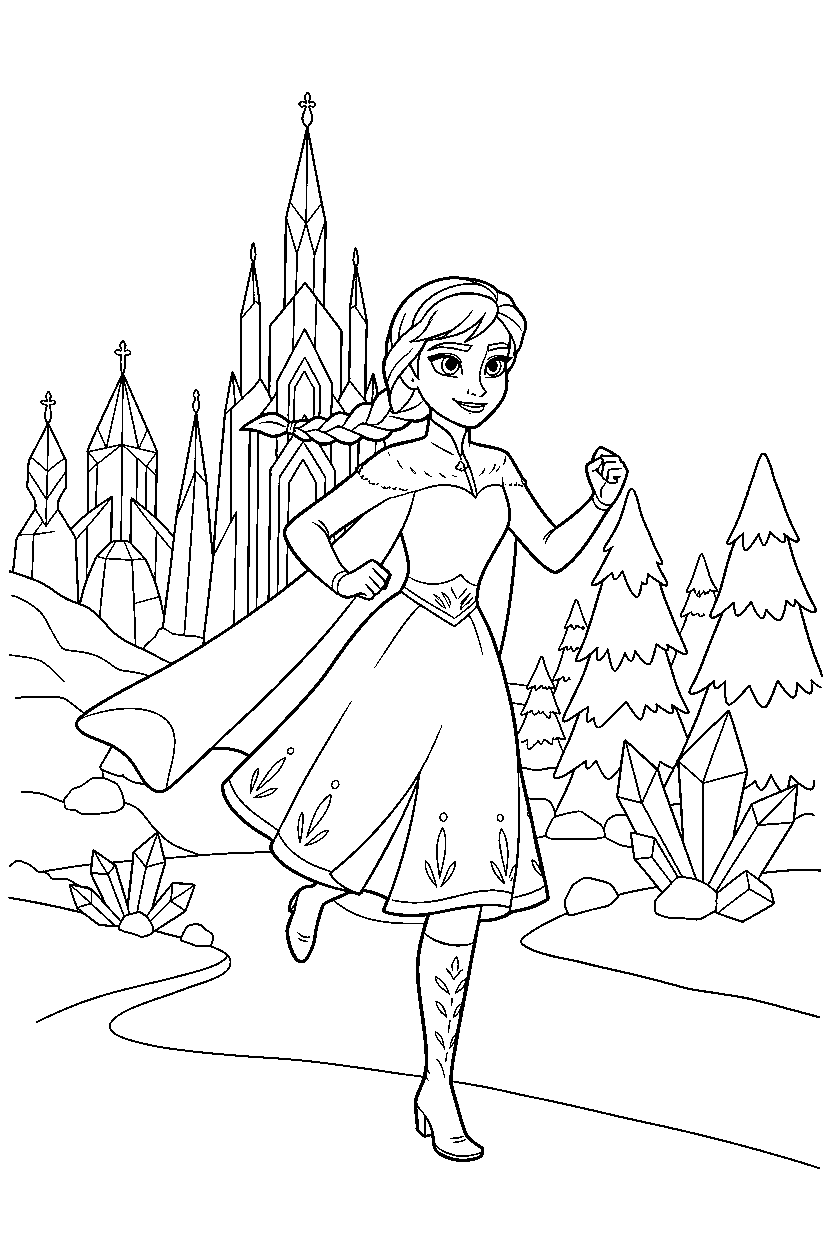 frozen anna running in a magical ice kingdom line art