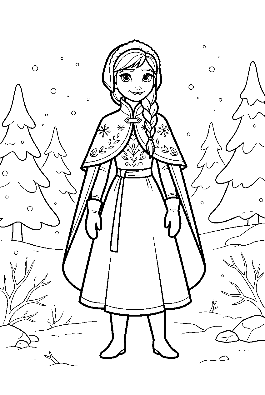 frozen characters in snowy forest line art