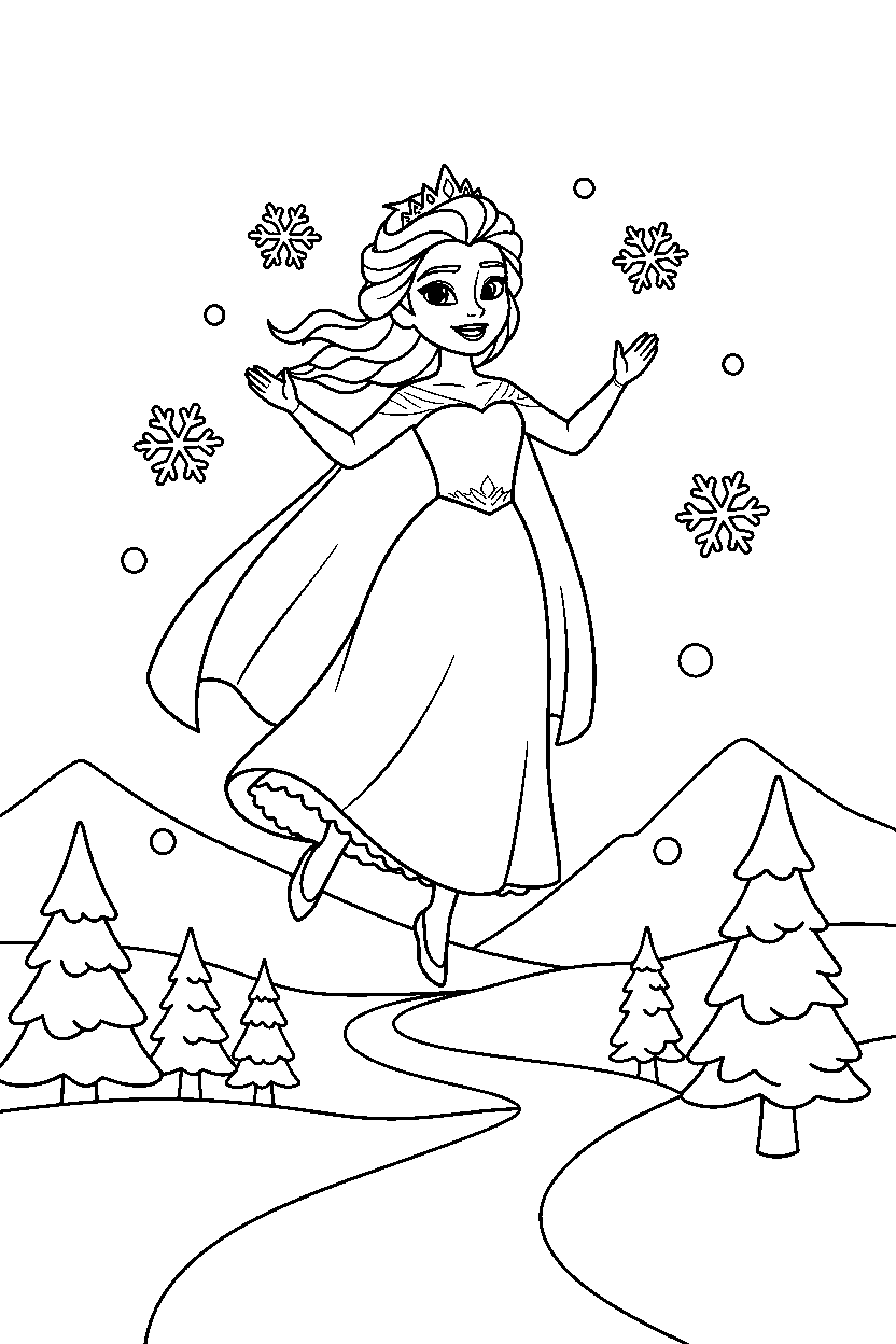 frozen queen jumping near a snowy path line art