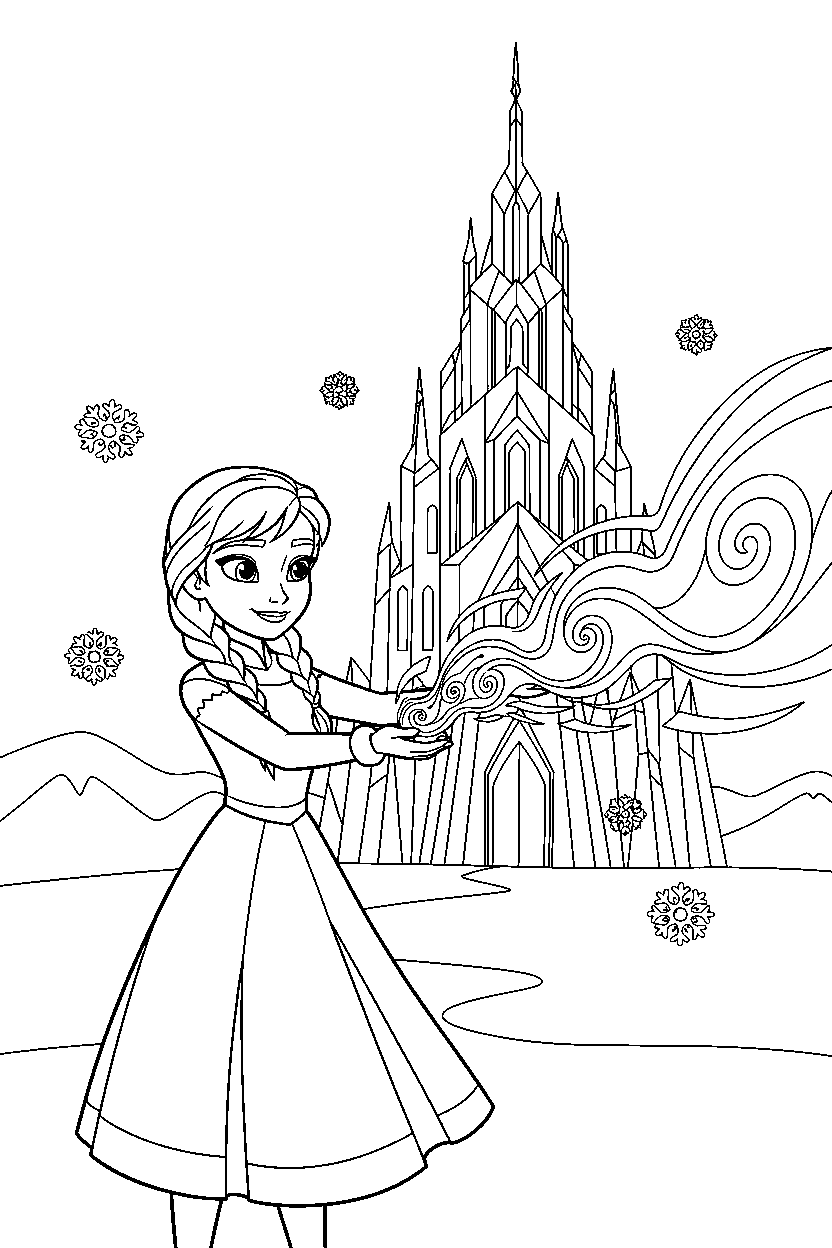 young anna making snow magic near an ice palace line art