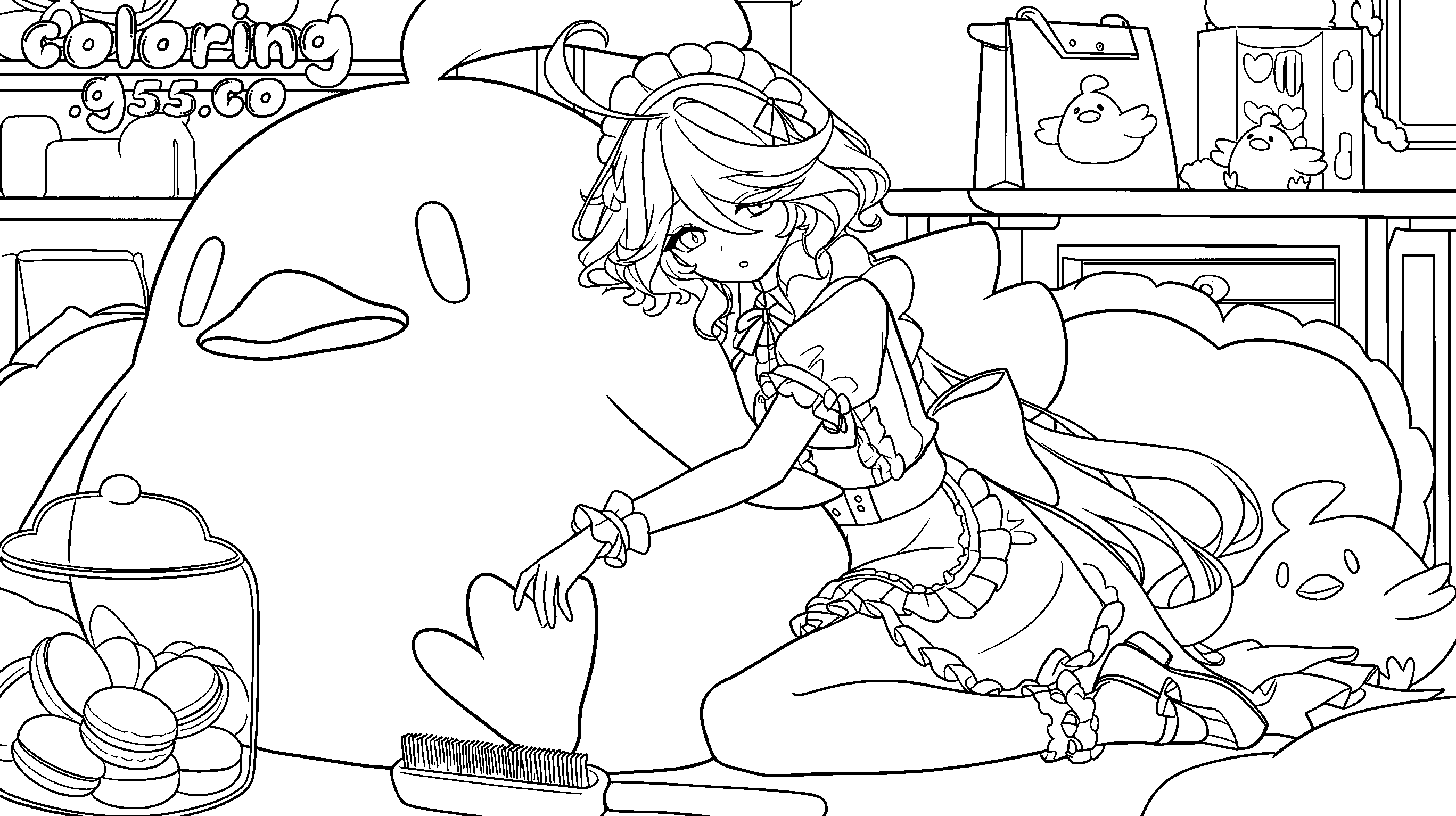 cute maid furina with giant plushie genshin impact anime line art