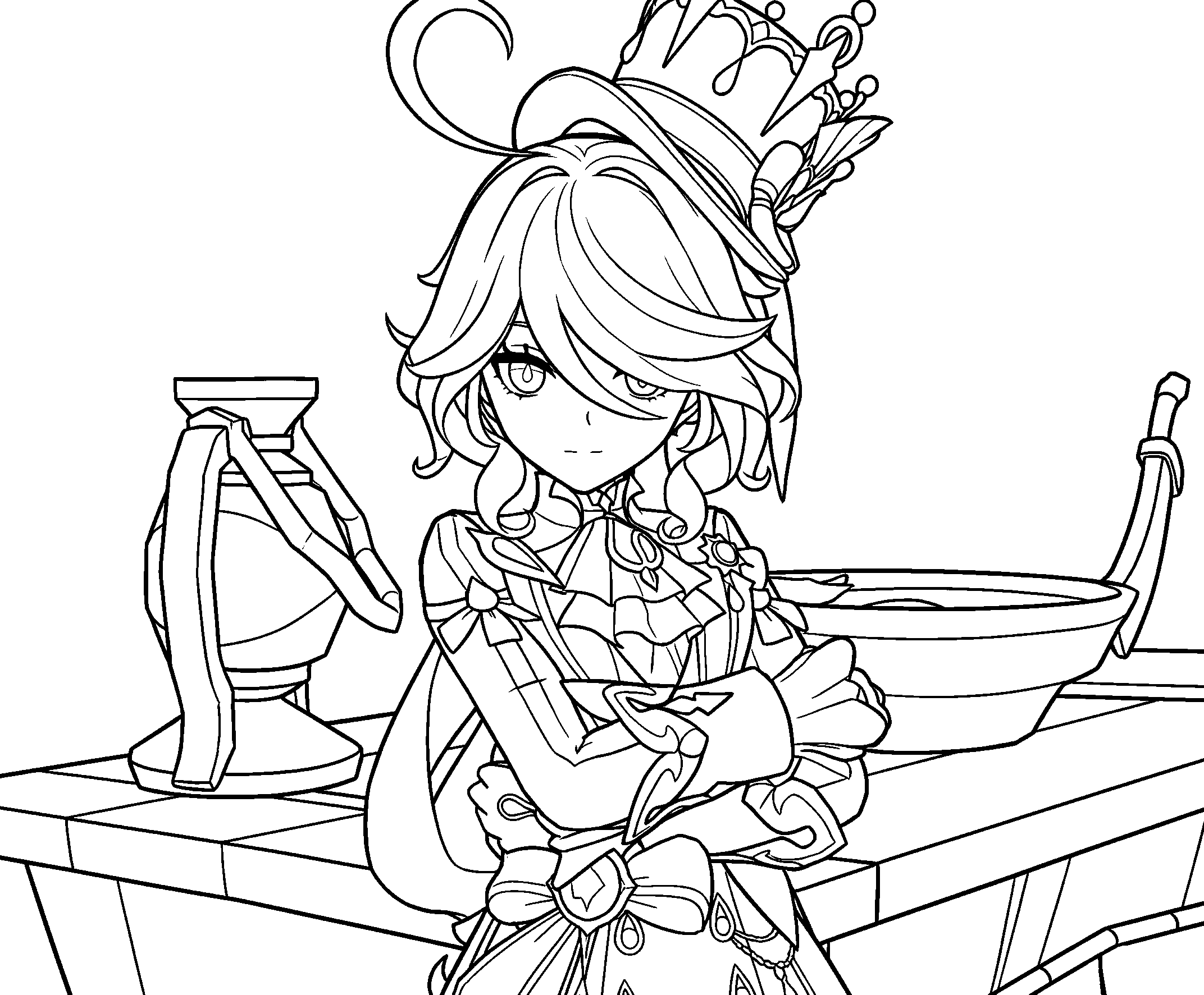 furina hydro archon kitchen genshin impact anime line art