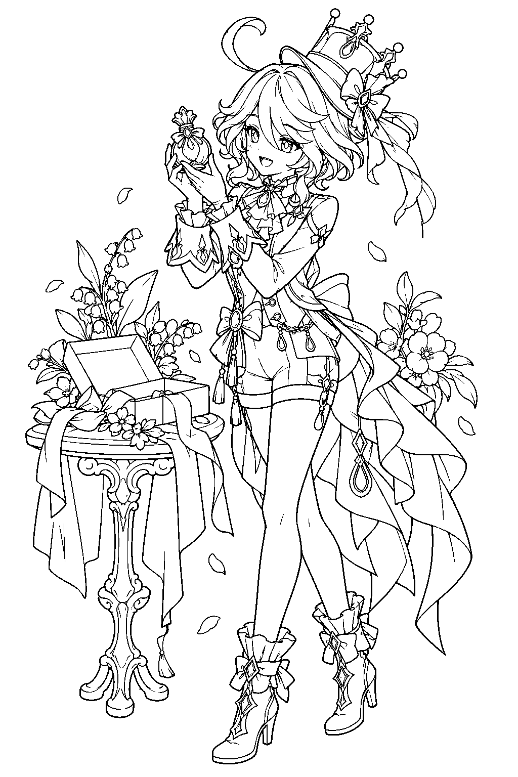 genshin impact furina admiring a gift bottle of perfume during fragrant fantasy line art