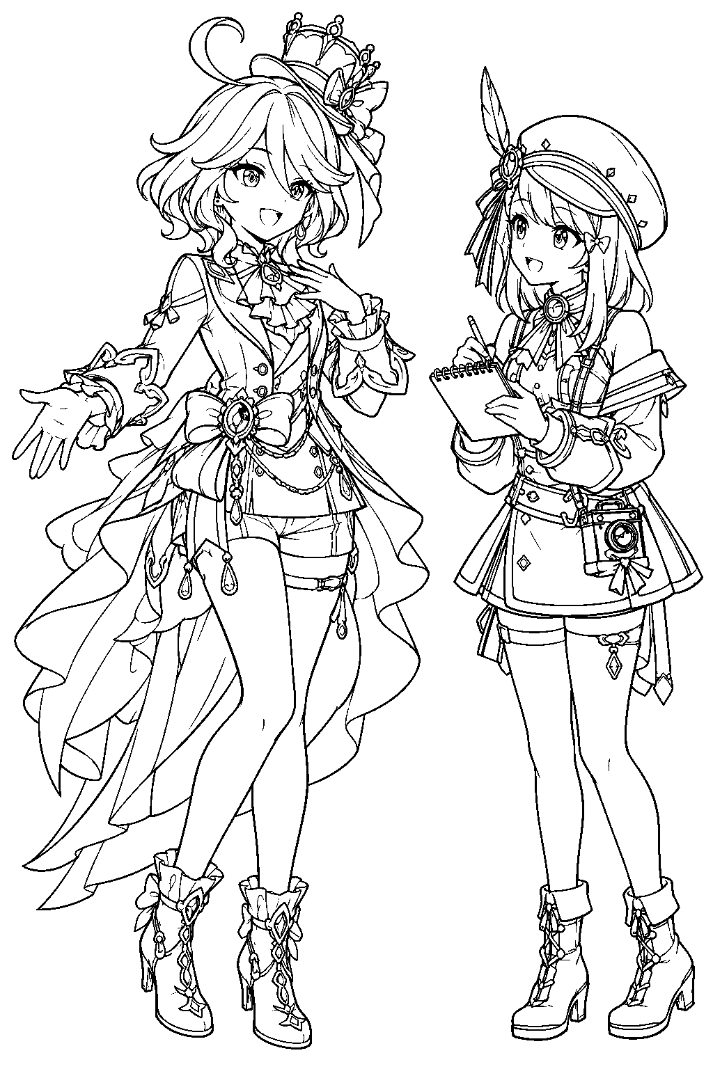 genshin impact furina being interviewed by charlotte for the steambird line art