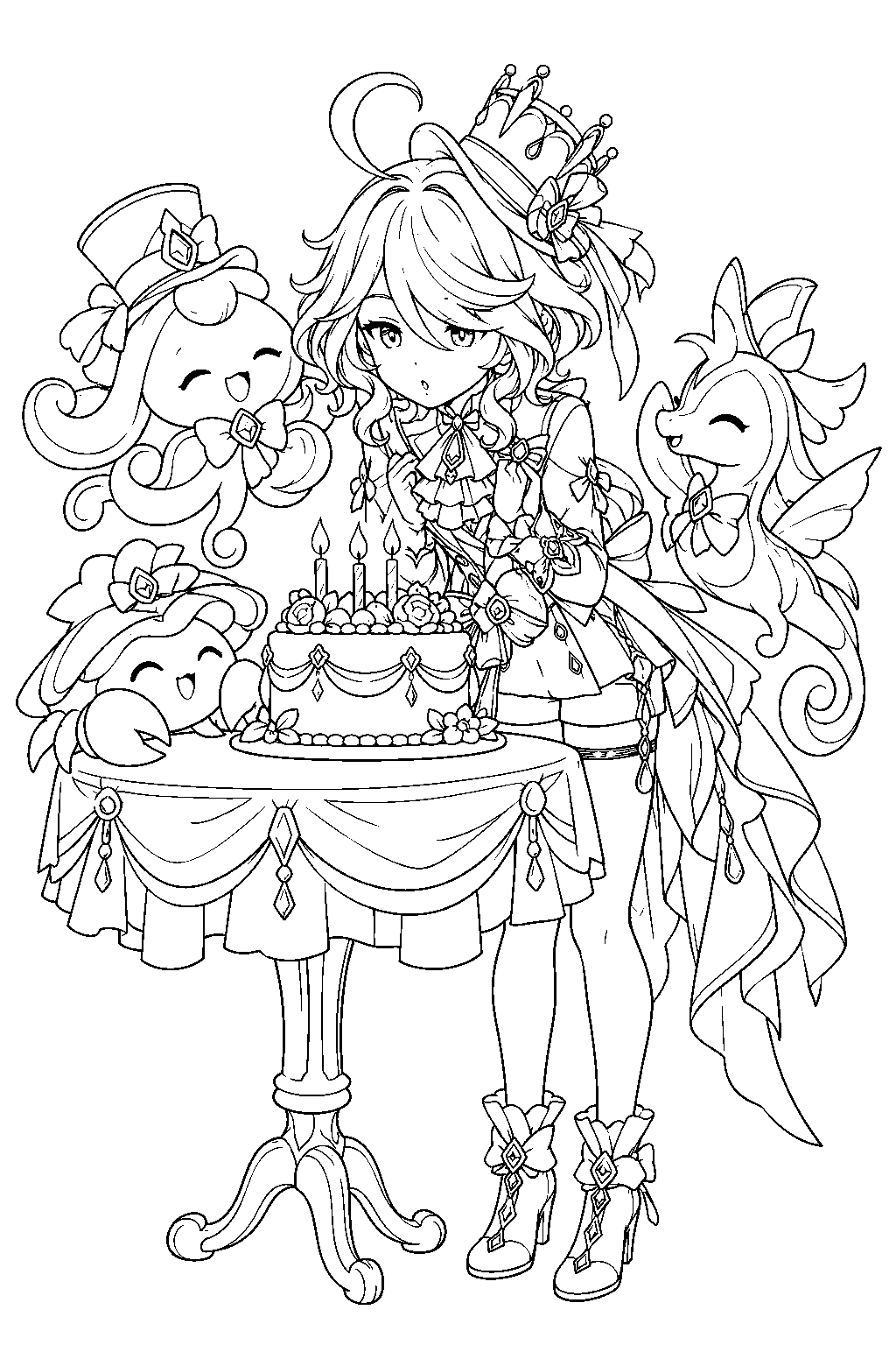 genshin impact furina blowing out birthday candles with her salon solitaire companions line art