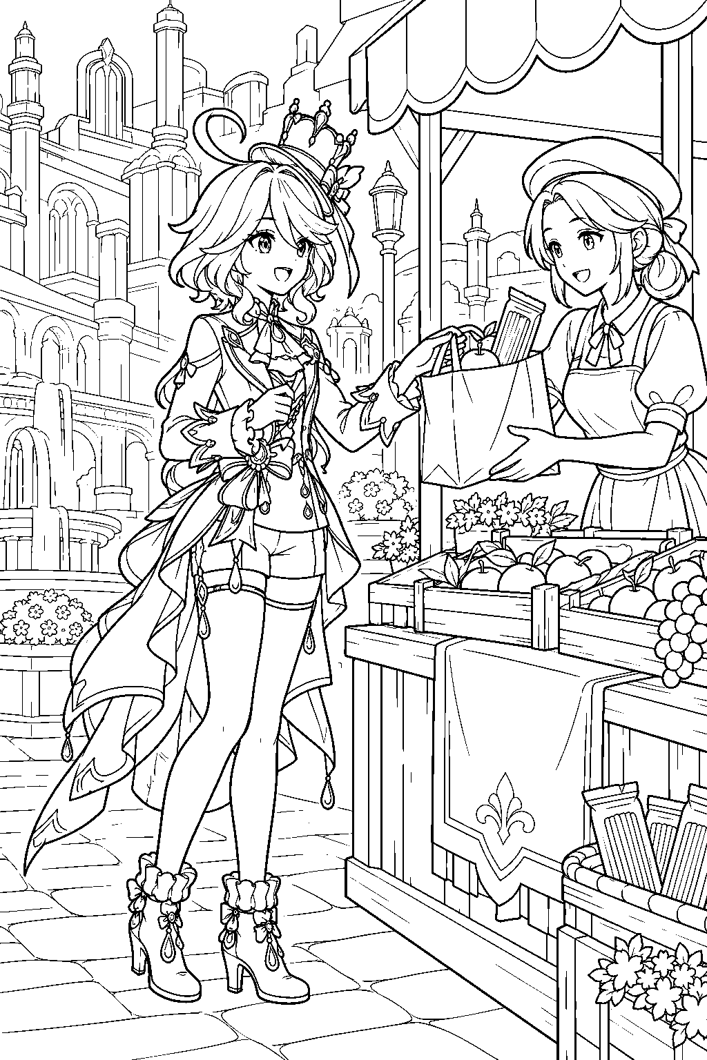genshin impact furina buying groceries at a market stall in the court of fontaine line art
