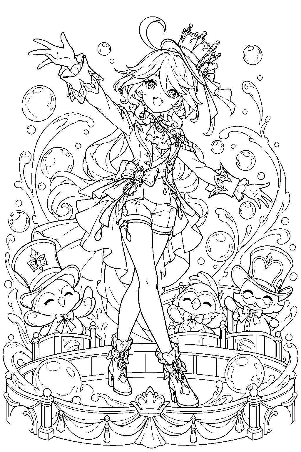 genshin impact furina casting let the people rejoice with a miniature theater and water bubbles line art