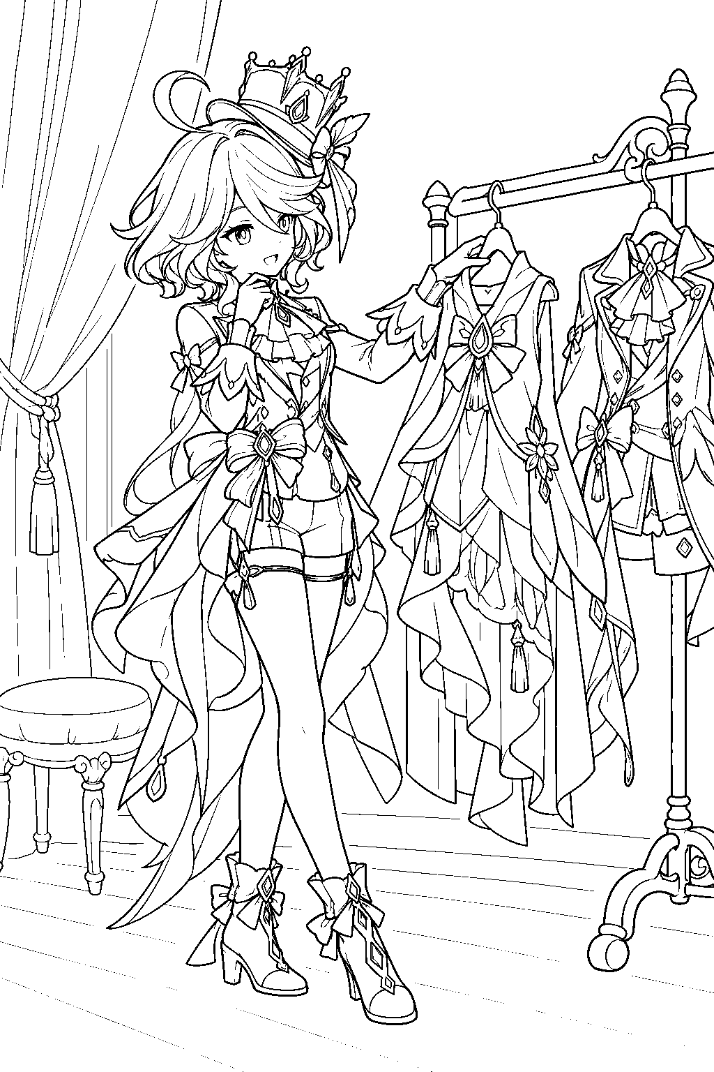 genshin impact furina choosing costumes from a rack backstage at the opera line art