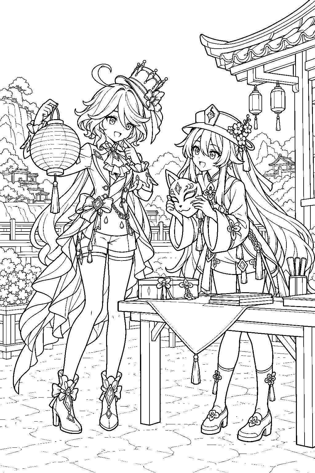 genshin impact furina choosing horror film props with hu tao in qiaoying village line art