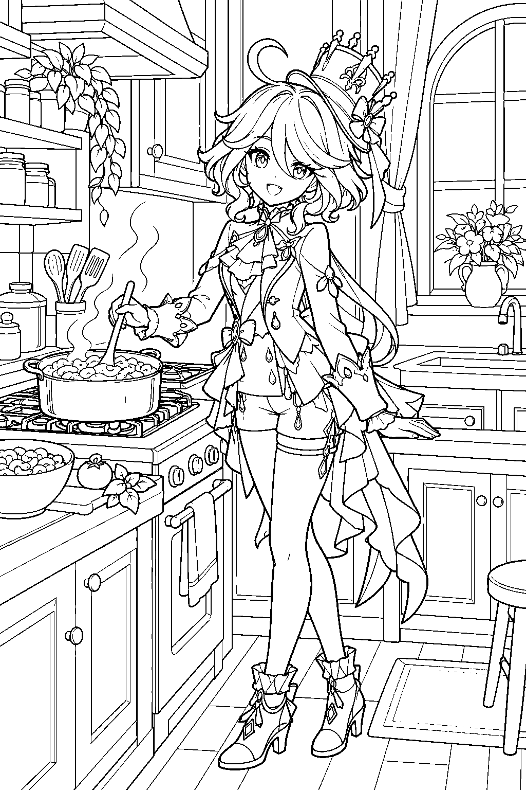 genshin impact furina cooking macaroni with sauce in her apartment kitchen line art