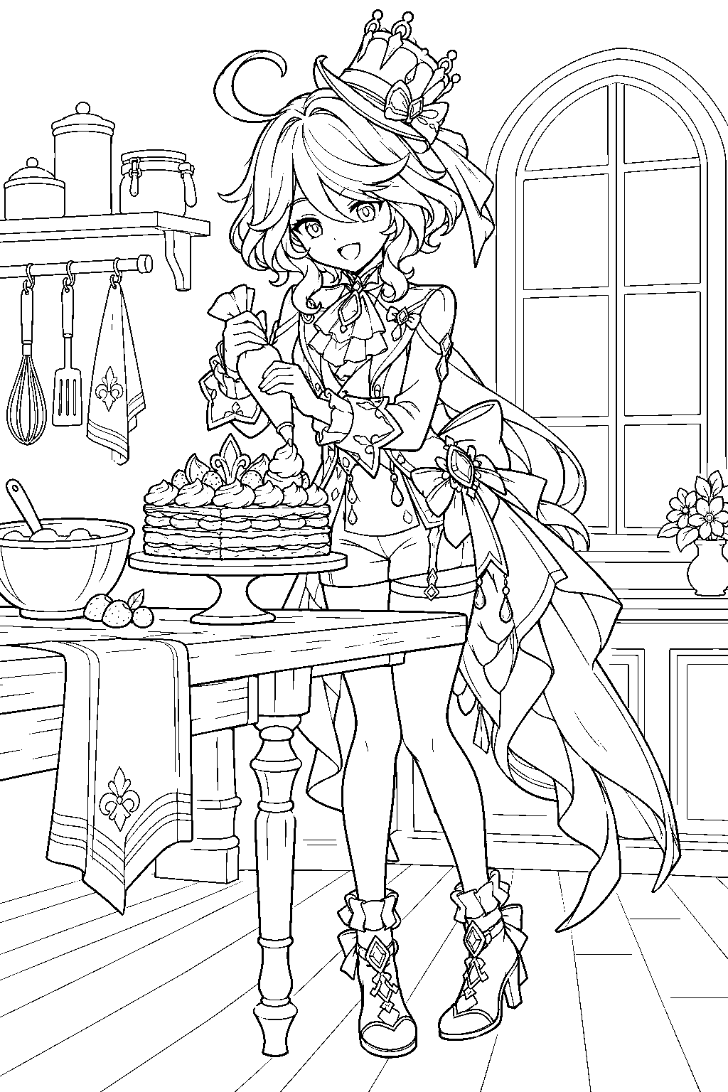 genshin impact furina decorating her pour la justice dessert in the kitchen line art