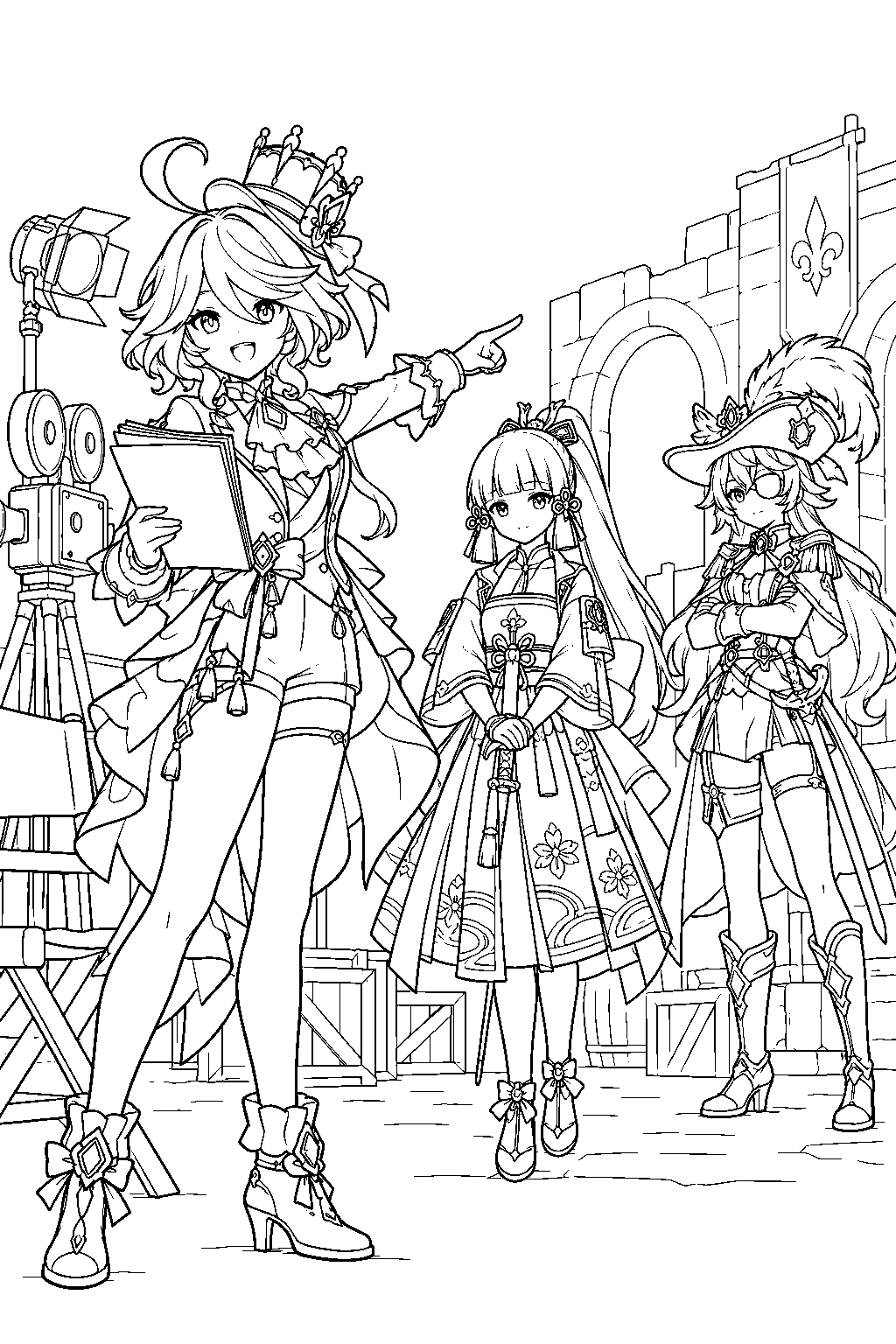 genshin impact furina directing ayaka and chevreuse on the two musketeers film set line art