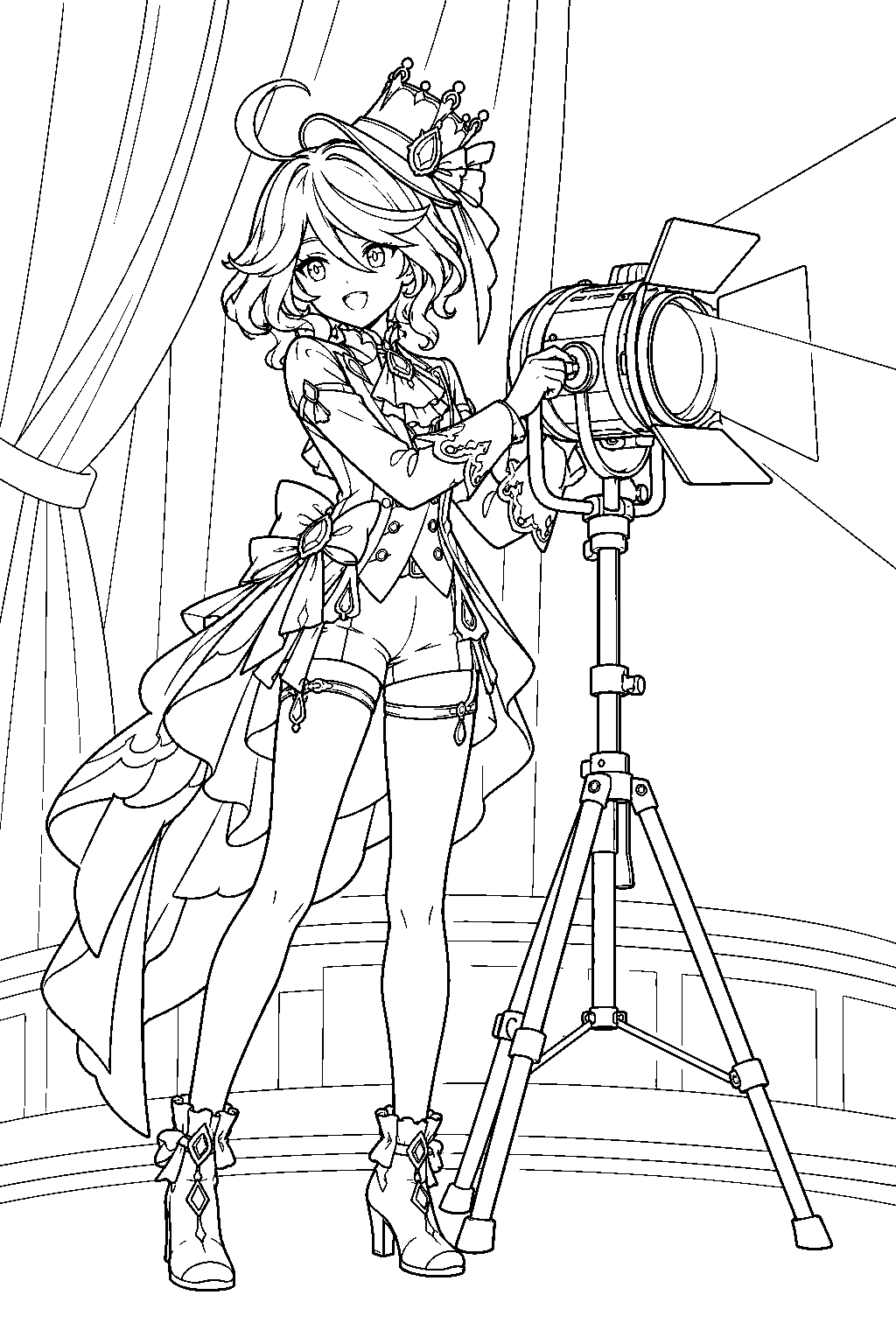 genshin impact furina directing the stage lighting for a fontaine opera line art