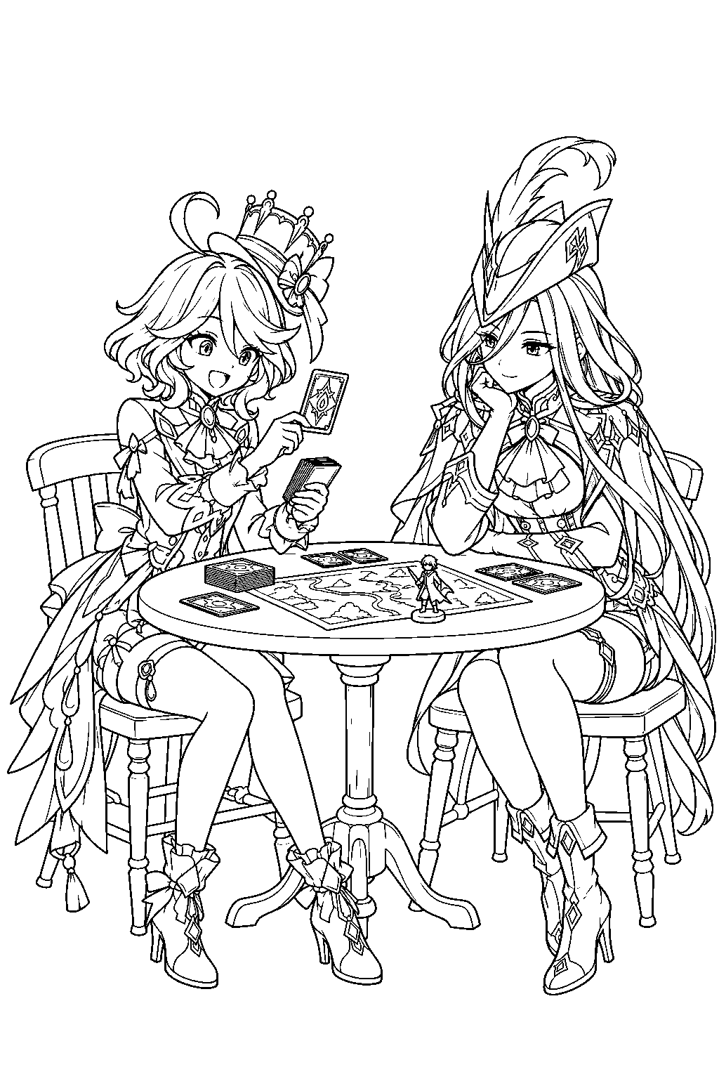 genshin impact furina drawing a fateometer card during clorinde s roleplaying game line art