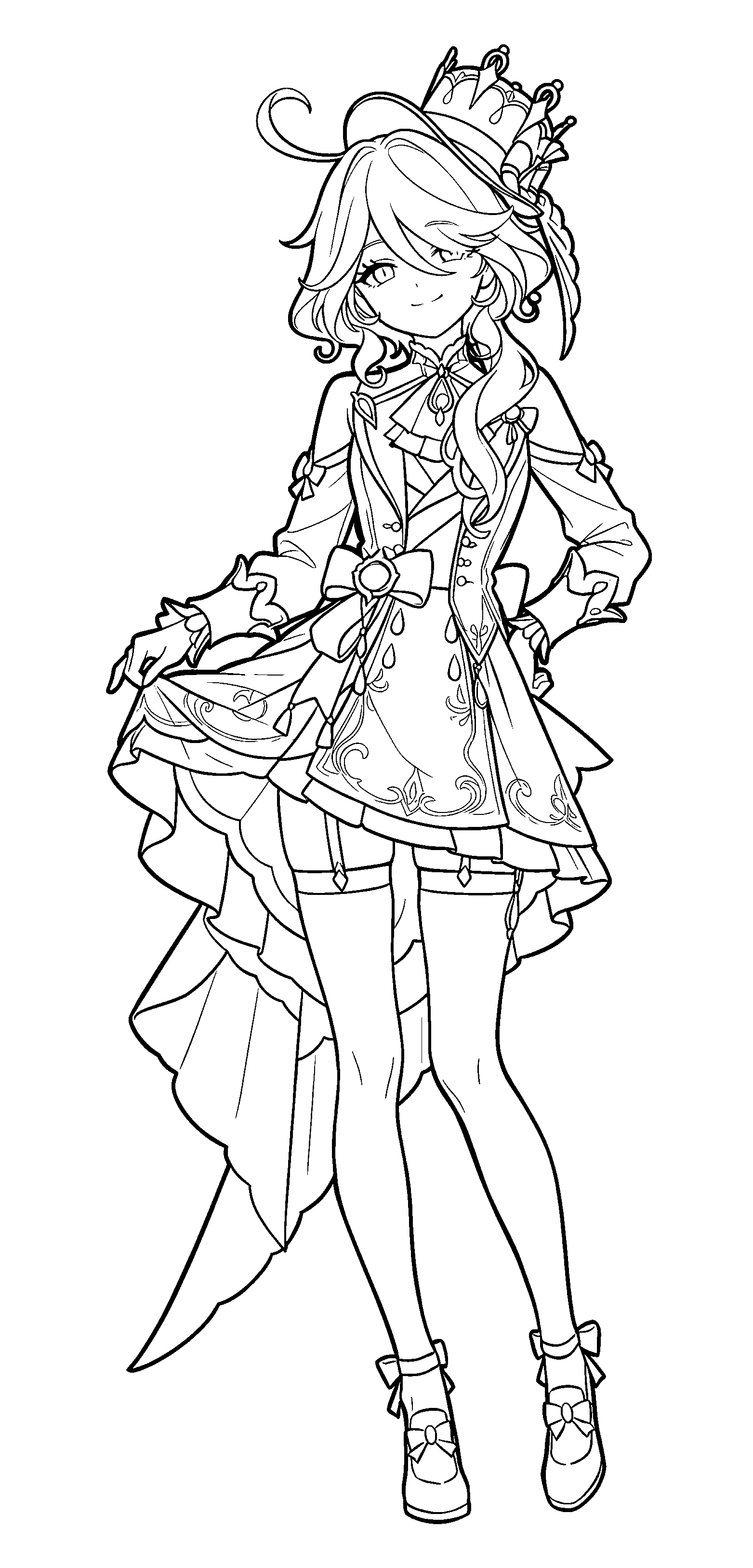 genshin impact furina dress posing line art elegant full body sheet