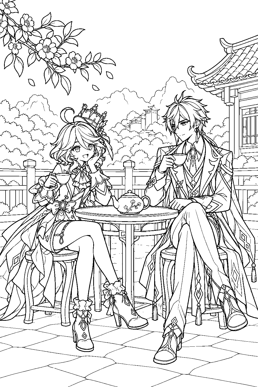 genshin impact furina enjoying tea with zhongli in qiaoying village line art