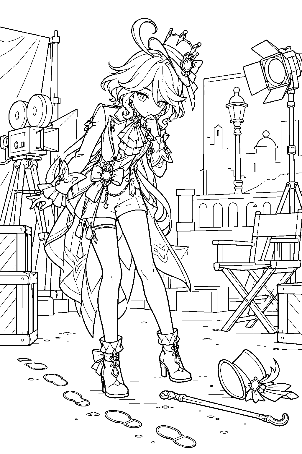 genshin impact furina examining clues on the vip ace detective movie set line art