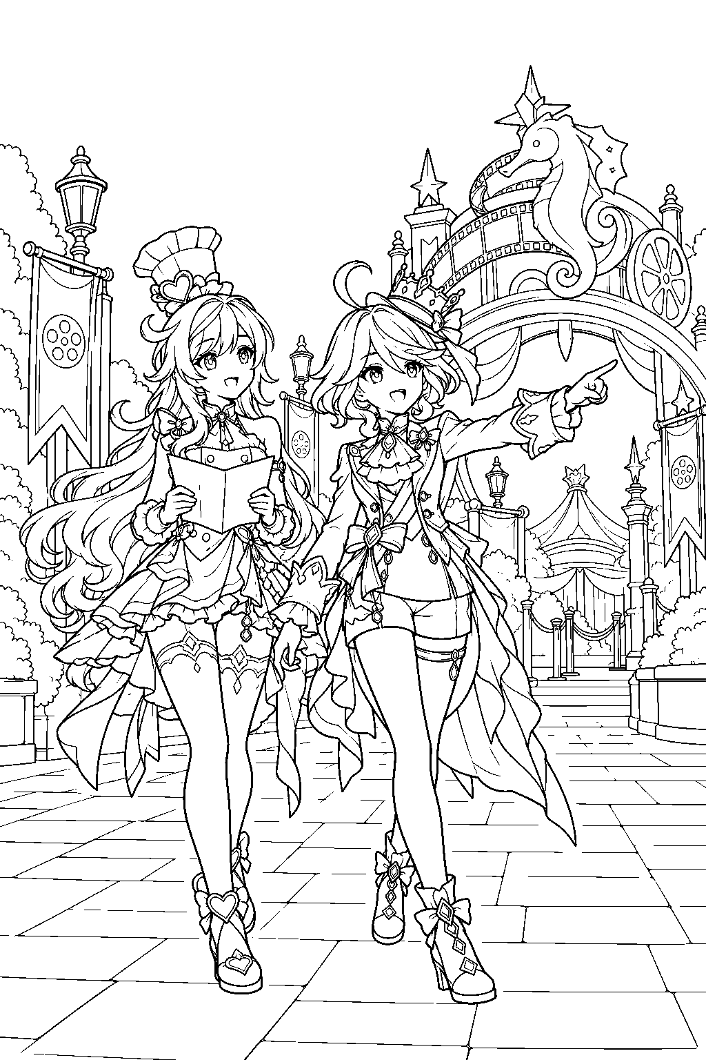 genshin impact furina exploring chevalmarin film fantasyland with escoffier line art