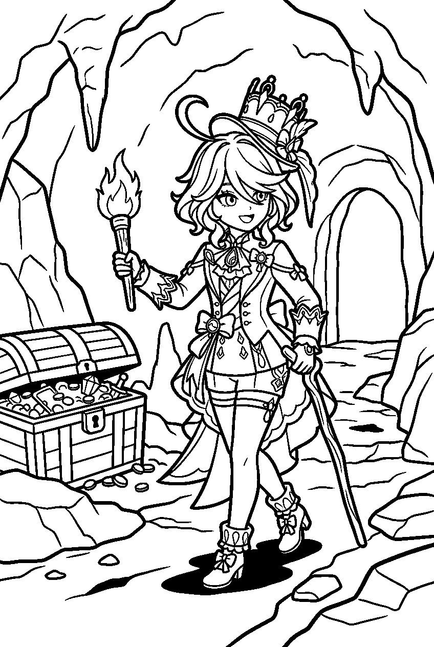 genshin impact furina exploring in treasure cave line art