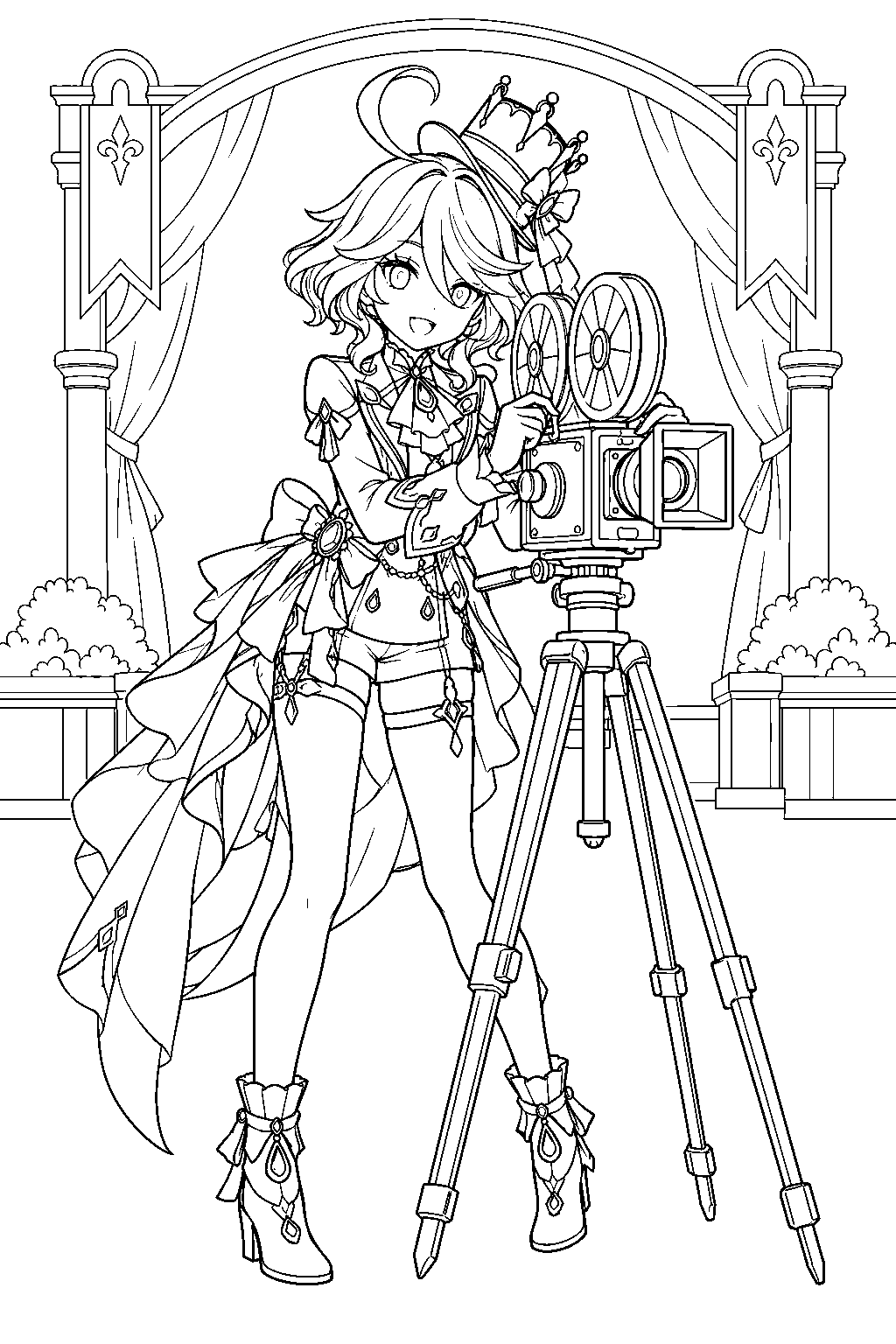 genshin impact furina framing a movie shot with a kamera at the fontinalia film festival line art