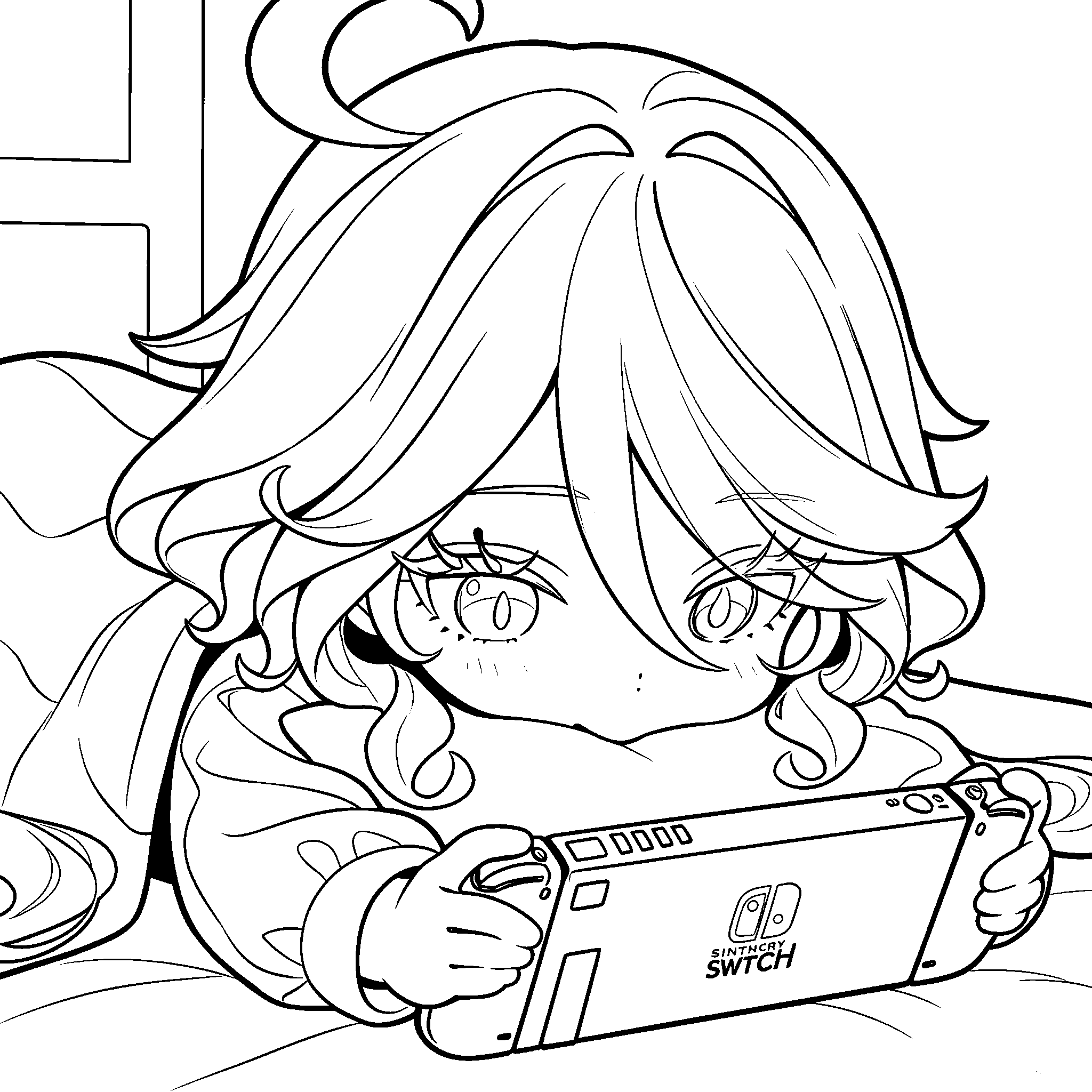 genshin impact furina gamer line art cute chibi playing switch