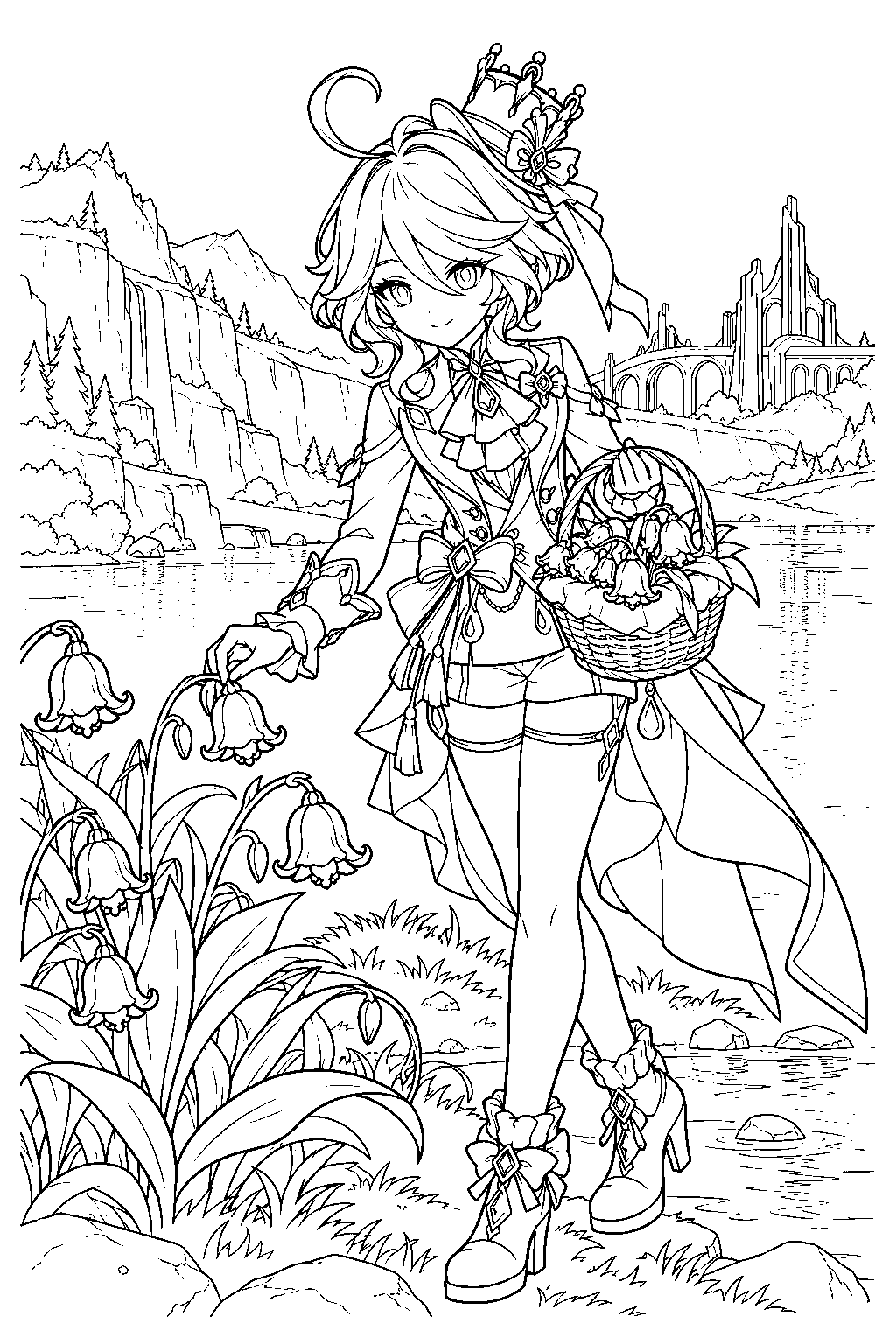 genshin impact furina gathering lakelight lilies beside loch urania line art
