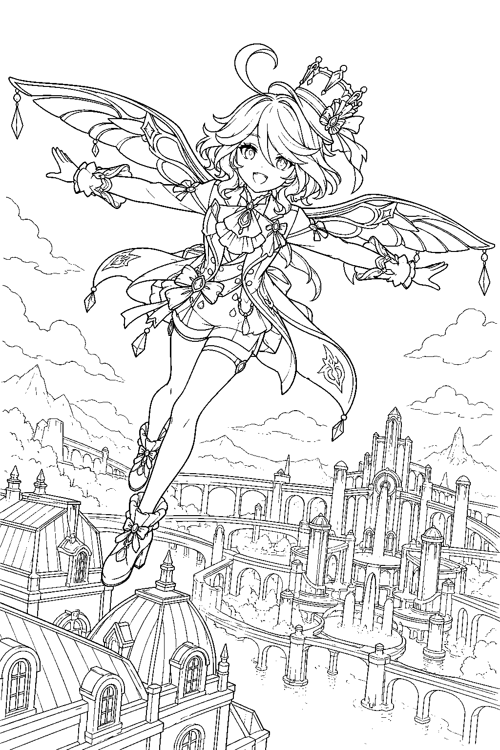 genshin impact furina gliding over the rooftops of the court of fontaine line art