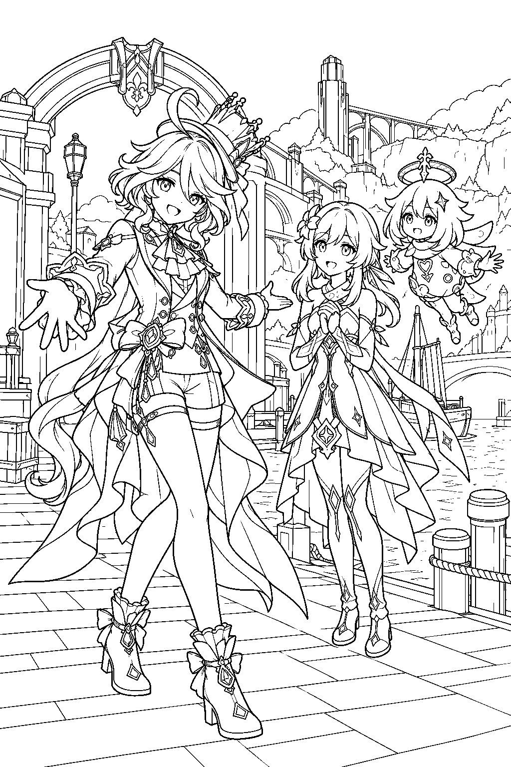 genshin impact furina greeting lumine and paimon at romaritime harbor line art