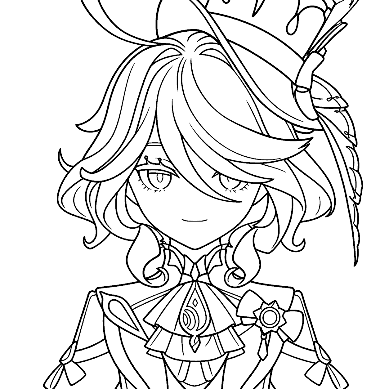 genshin impact furina hat portrait line art aesthetic anime lineart