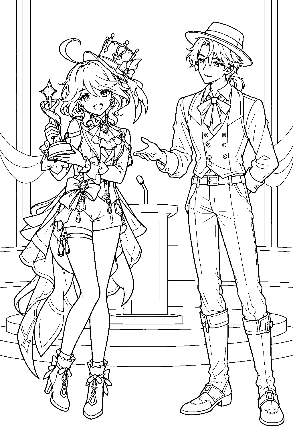 genshin impact furina holding the furina award beside xavier at the film ceremony line art