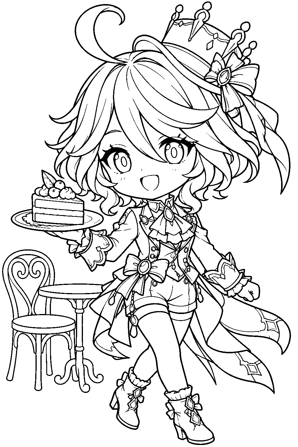 genshin impact furina in chibi form carrying a slice of cake on a dessert plate line art