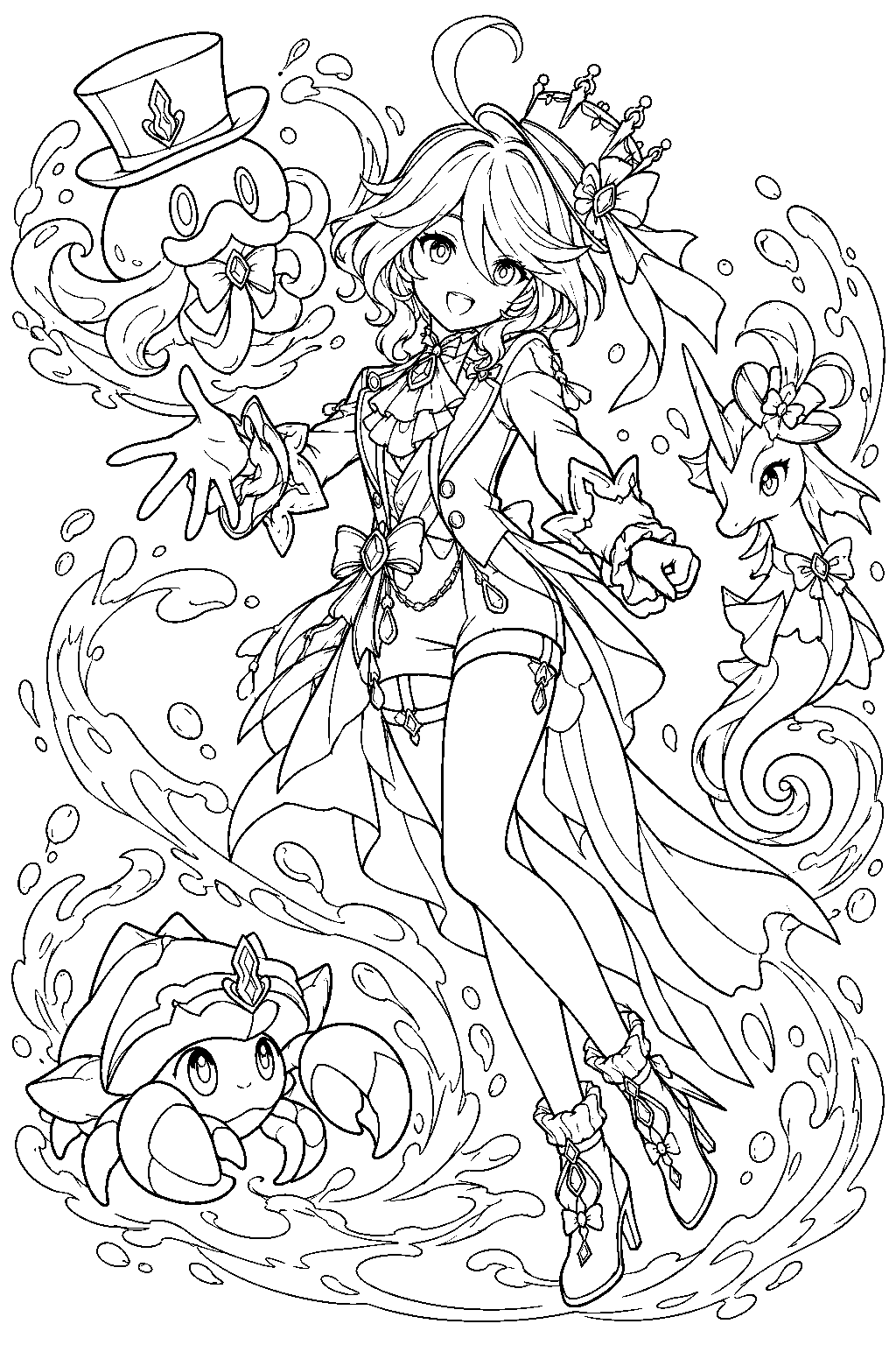 genshin impact furina in ousia form summoning the three salon solitaire companions line art