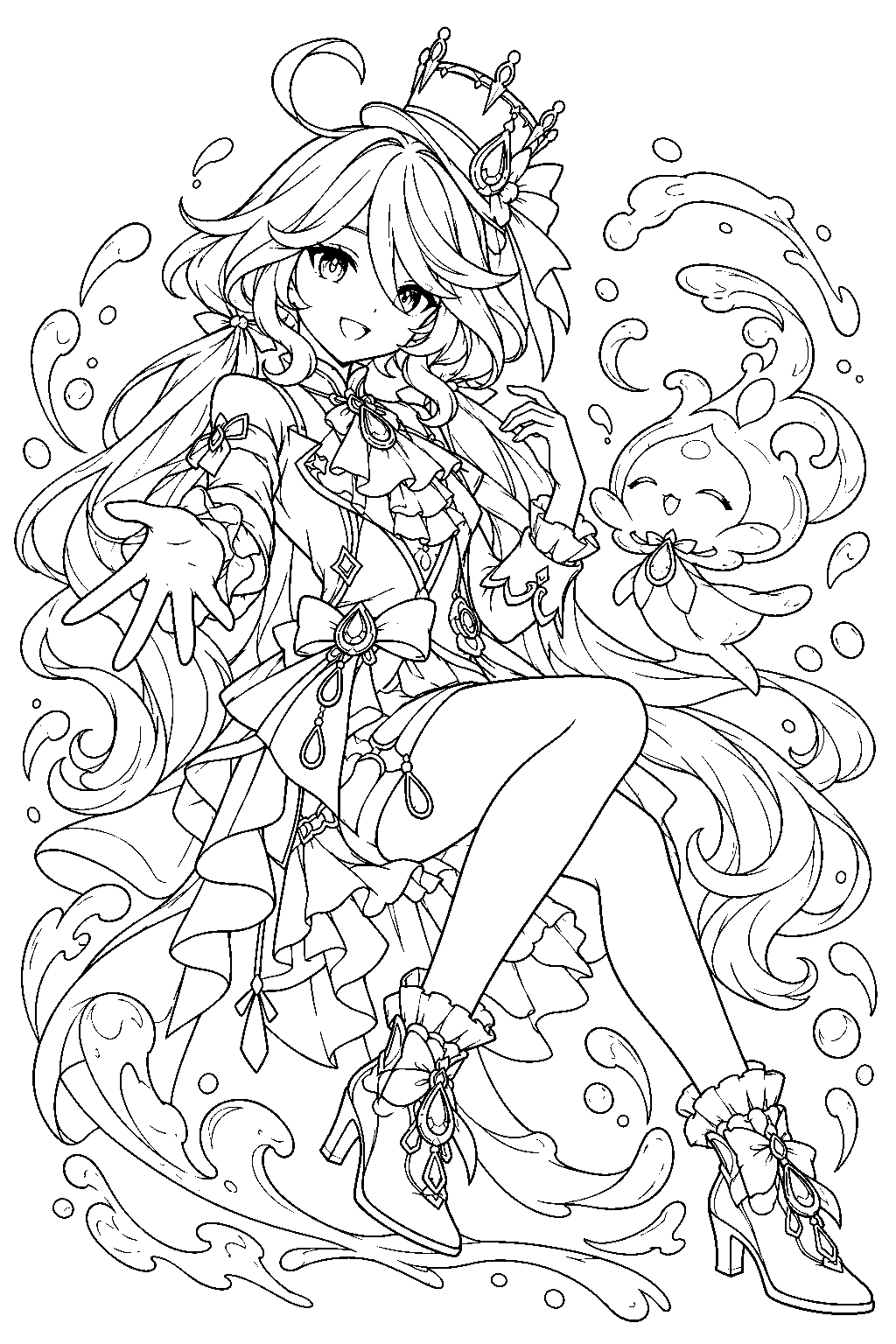 genshin impact furina in pneuma form beside the singer of many waters line art