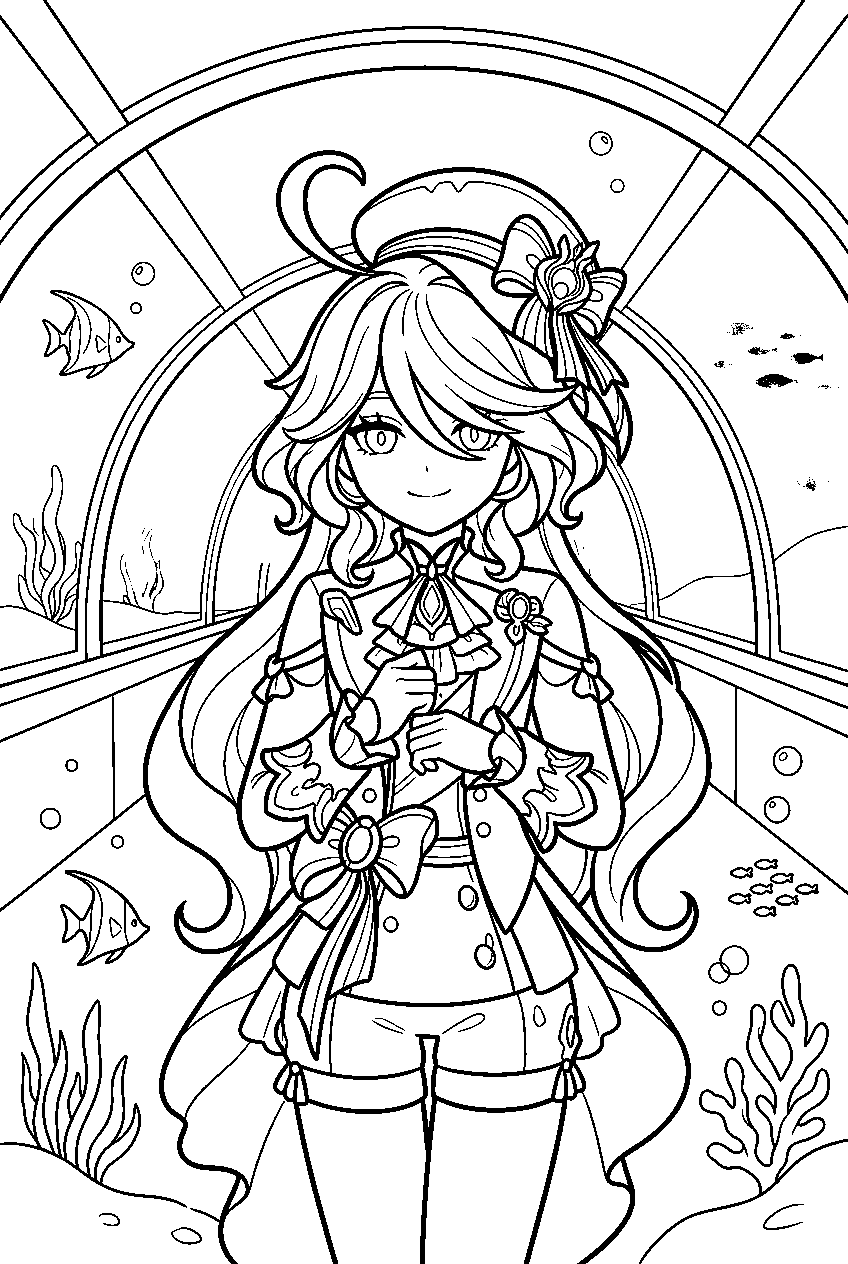 genshin impact furina in underwater tunnel line art