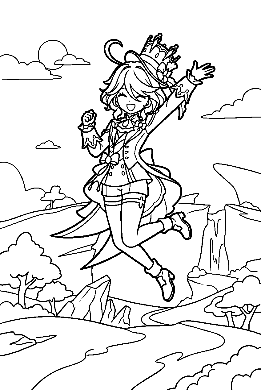 genshin impact furina jumping in yashiori island line art