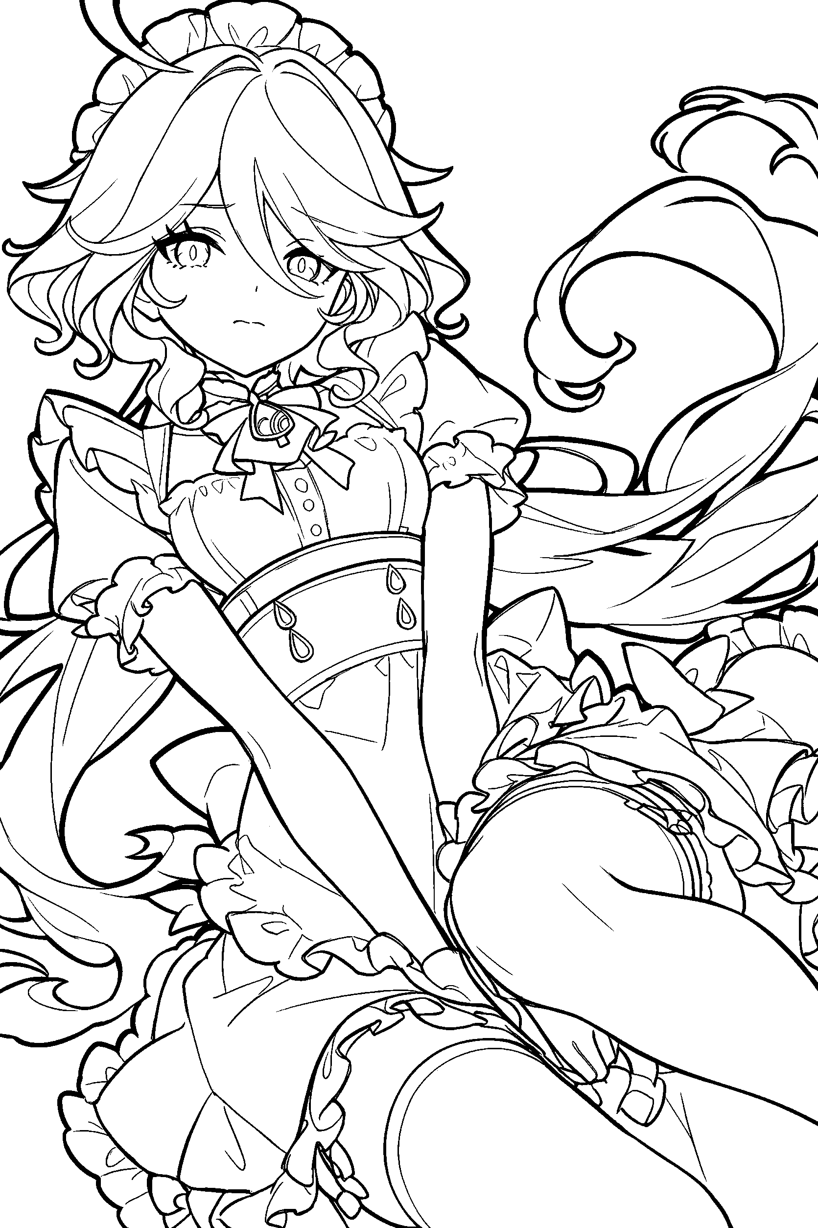 genshin impact furina maid dress line art cute anime outfit lineart