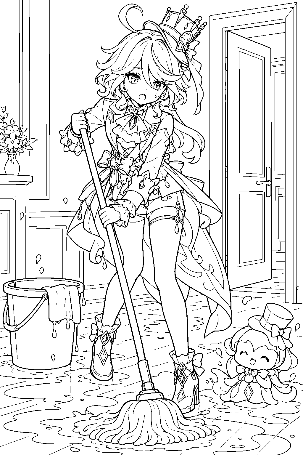 genshin impact furina mopping her apartment after an accidental hydro flood line art