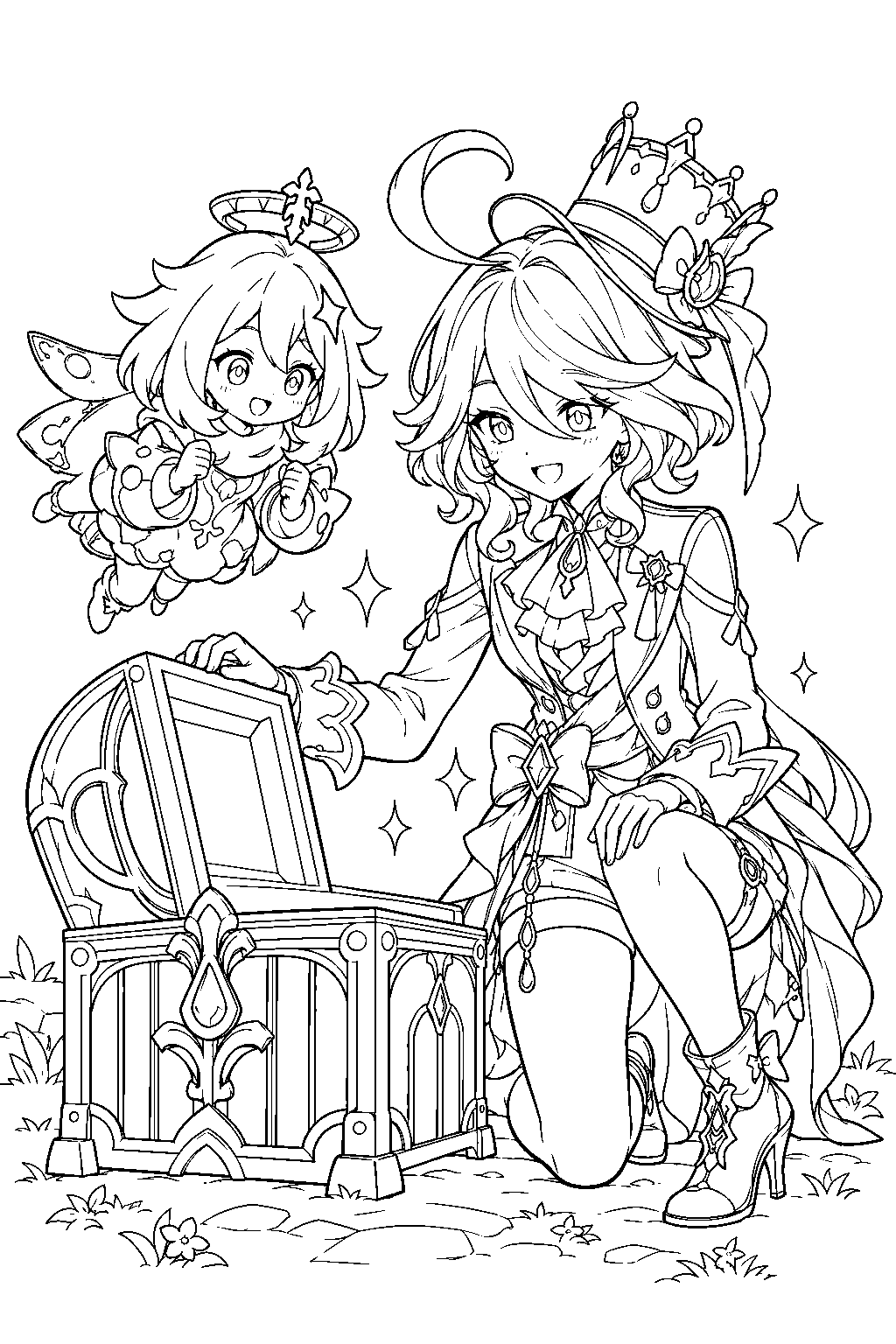 genshin impact furina opening a fontaine treasure chest with paimon line art