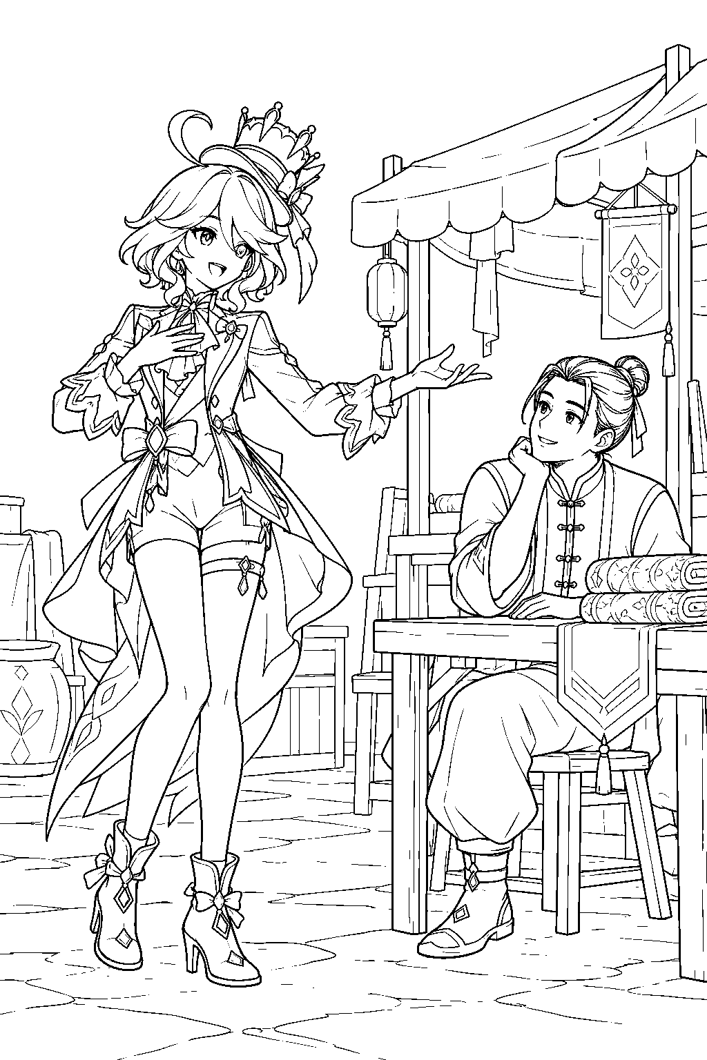 genshin impact furina performing for a merchant during hunters gathering line art