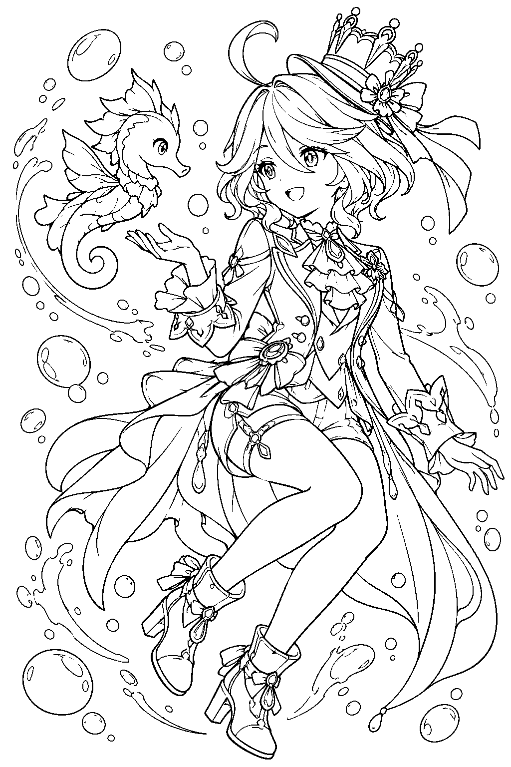genshin impact furina playing with surintendante chevalmarin among floating water bubbles line art