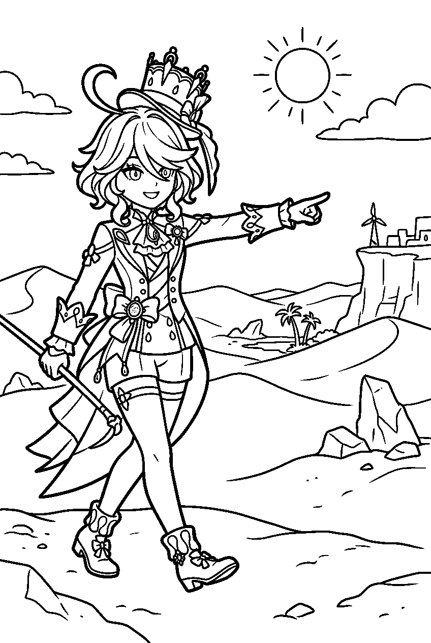 genshin impact furina pointing in desert of hadramaveth line art