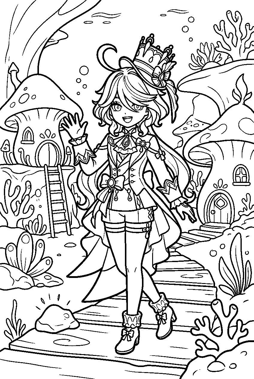 genshin impact furina posing in merusea village line art